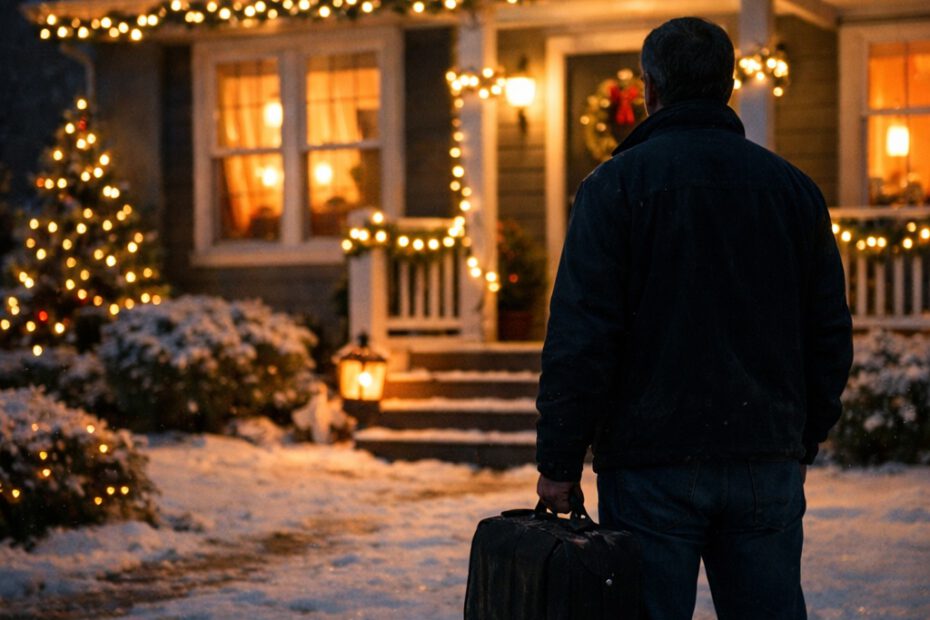 Mann steht mit kleinem Koffer vor einem weihnachtlich beleuchteten Haus