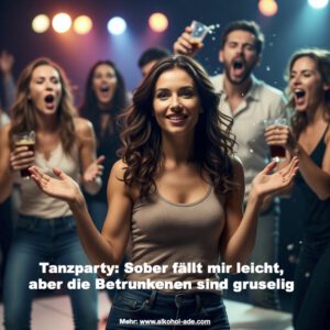 Frau nüchtern auf Tanzparty, um sie herum Betrunkene