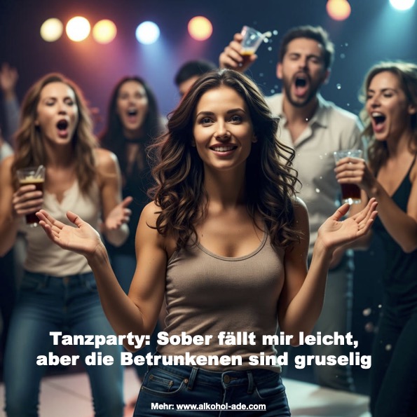 Frau nüchtern auf Tanzparty, um sie herum Betrunkene