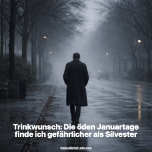 Mann geht an einem trüben Januartag eine Straße hinunter