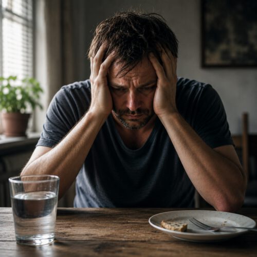 Ein erschöpfter Mann sitzt an einem Holztisch und stützt mit beiden Händen den Kopf. Sein leerer Blick und seine angespannte Mimik vermitteln tiefe körperliche und geistige Erschöpfung. Vor ihm stehen ein Glas Wasser und ein Teller mit wenigen Essensresten. Das gedämpfte Licht und die schlichte Umgebung unterstreichen den Eindruck einer massiven Energiekrise und greifen symbolisch die Auswirkungen eines ausgeprägten Vitamin-B1-Mangels bei chronischem Alkoholkonsum auf.