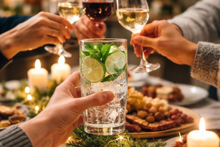 Hand hält ein alkoholfreies Getränk mit Limette und Minze, während andere am Weihnachtstisch mit Weingläsern anstoßen