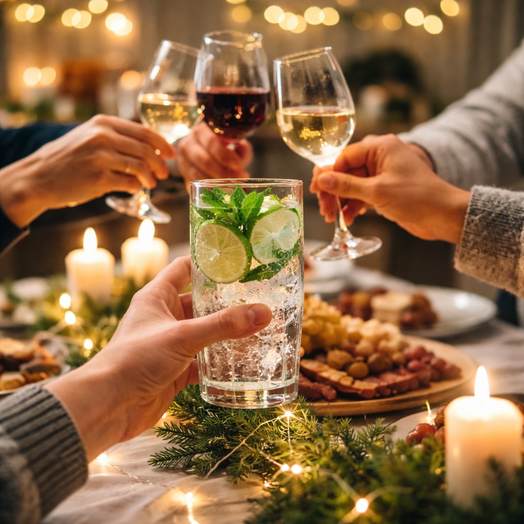 Hand hält ein alkoholfreies Getränk mit Limette und Minze, während andere am Weihnachtstisch mit Weingläsern anstoßen