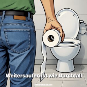 Zeichnung: Mann steht mit einer Rolle Klopapier vor einem Klo