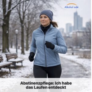 Frau joggt durch den winterlichen Park einer Großstadt