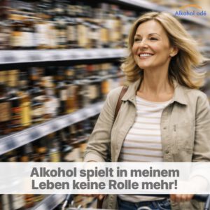 Frau fährt lachend an einem Spitituosen-Regal in einem Supermarkt vorbei