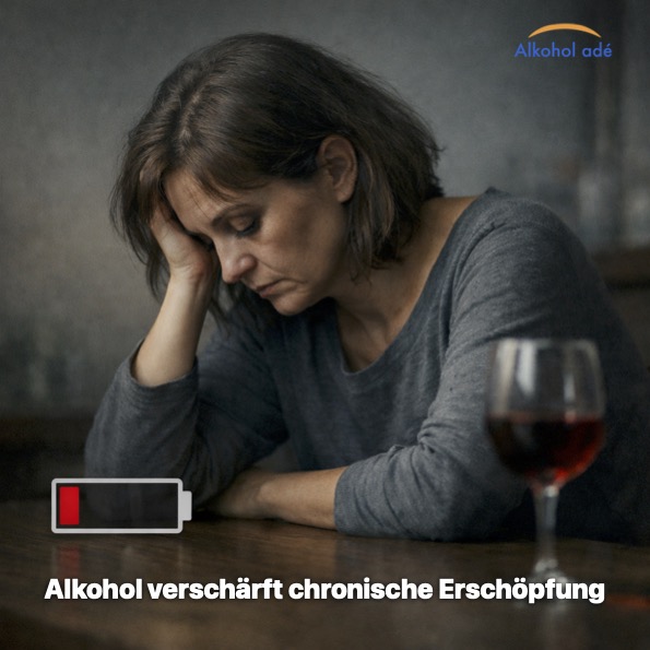 Frau sitzt erschöpft am Tisch, neben sich ein halbvolles Glas Rotwein. Im Vordergrund die Warnanzeige einer erschöpften Batterie