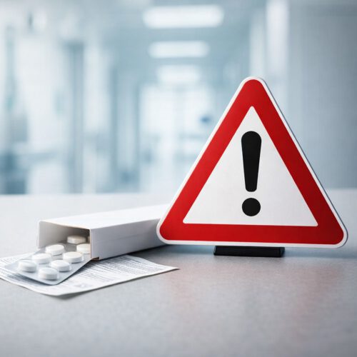 Klinik-Setting. Warnschild vor einer neutralen Medikamentenschachtel