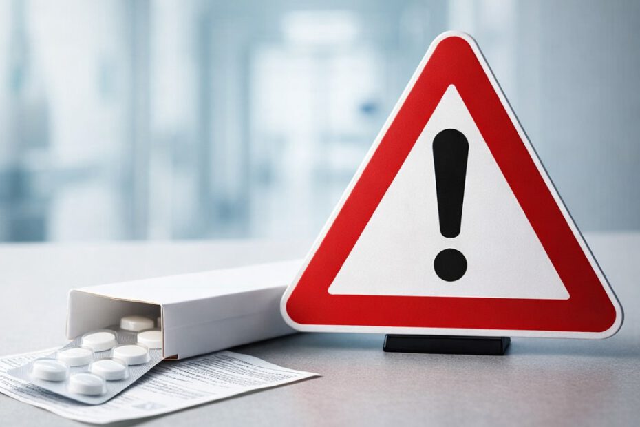 Klinik-Setting. Warnschild vor einer neutralen Medikamentenschachtel