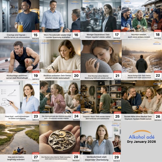 Collage von 15 Coverbildern des dry january 2026 von Alkohol adé
