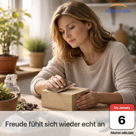 Frau sitzt an Tisch, schleift ein Stück Holz