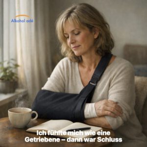 Frau sitzt mit einem gebrochenen Arm am Tisch vor einem Notizbuch und einer Tasse Tee
