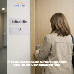 Frau öffnet Tür, an der Wand Schild "Selbsthilfe"