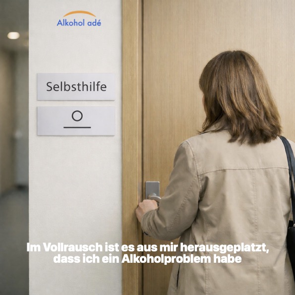 Frau öffnet Tür, an der Wand Schild "Selbsthilfe"
