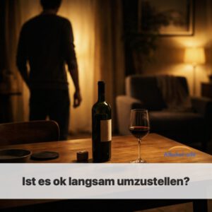 Auf einem Tisch stehen Weinflasche und Glas. Im Hintergrund der Schatten eines Mannes.