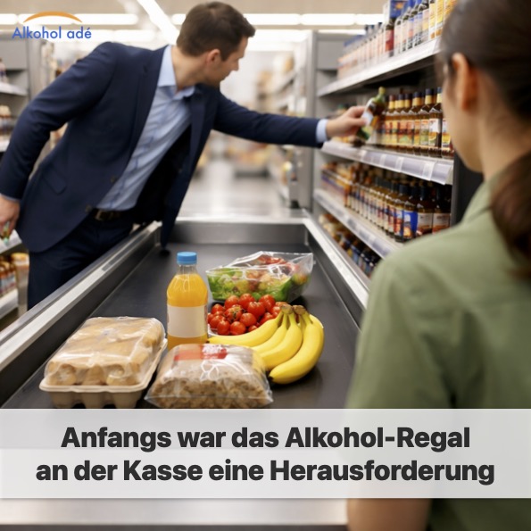 Mann greift in ein Regal an einer Supermarktkasse