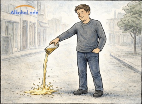 Karikatur eines Mannes, der ein Glas Bier auf die Straße gießt