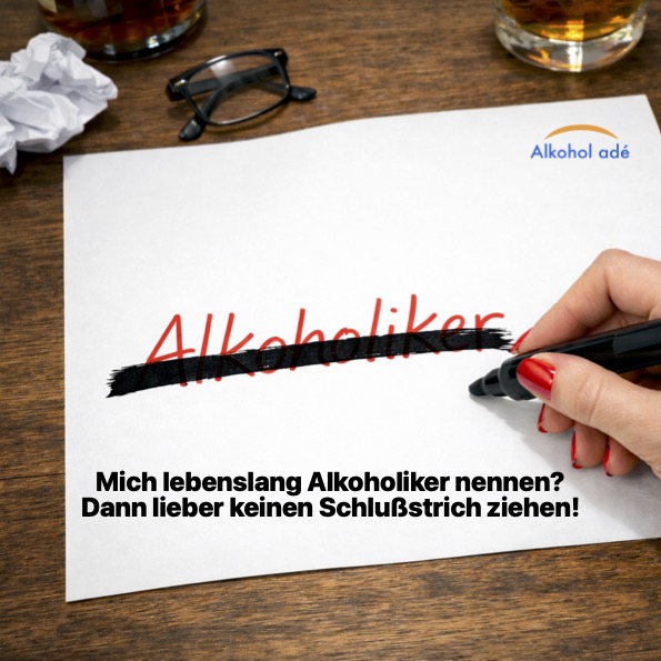 Eine Hand streicht das Wort "Allkoholiker" durch