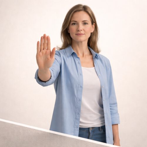 Frau streckt die Hand ablehnend aus