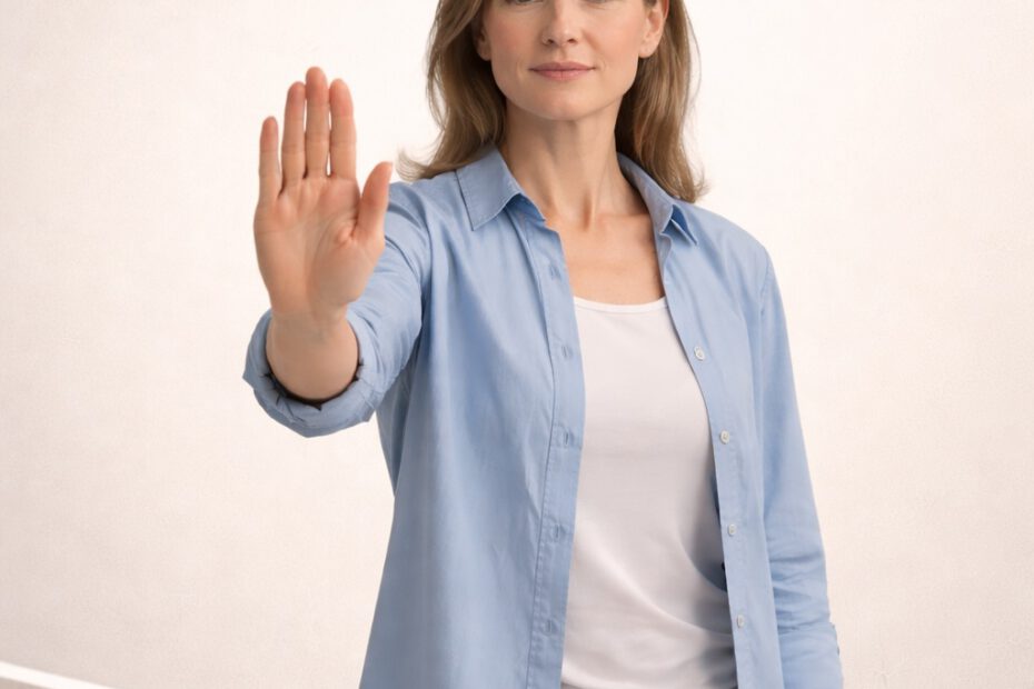 Frau streckt die Hand ablehnend aus