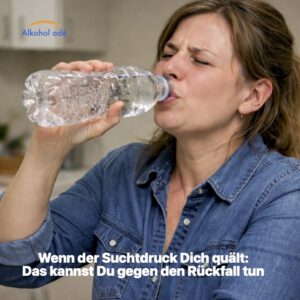 Frau trinkt sichtlich gestresst eine große Menge Sprudelwasser