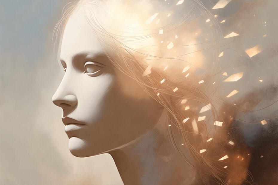 Conceptual, artistic illustration of memory loss caused by deficiency. Neutral human head silhouette in soft light, side view. From the back of the head, subtle glowing fragments drift away like fading memories.