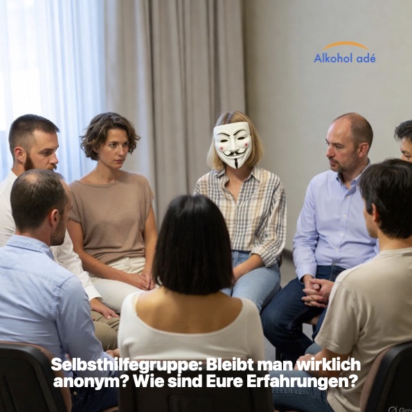 Frau sitzt mit Guy Fawkes-Maske im Stuhlkreis