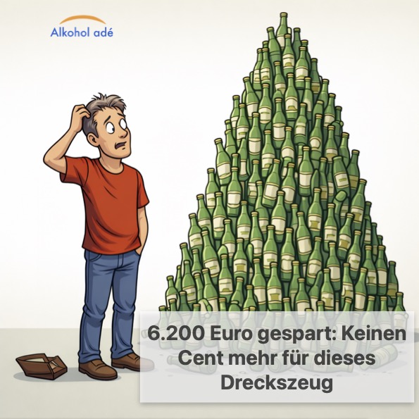 Mann steht vor einem absurd großen Berg aus Bierflaschen oder Dosen.