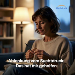 Frau sitzt abends im warm beleuchteten Wohnzimmer und strickt konzentriert, während draußen die Dämmerung einsetzt – ruhige, bewusste Ablenkung vom Suchtdruck.