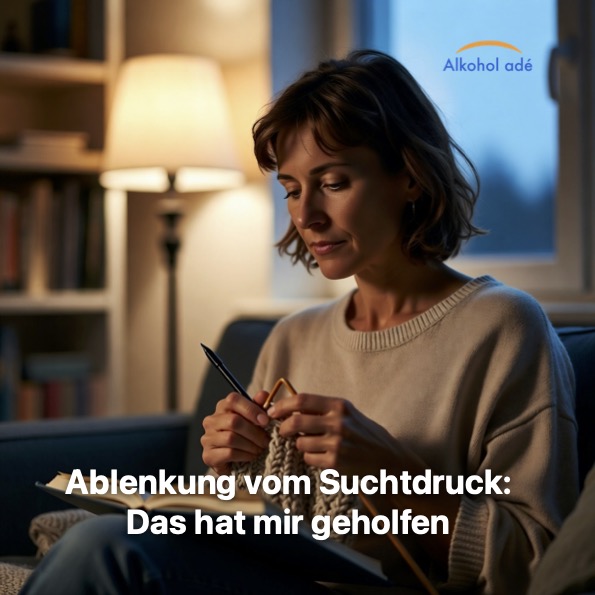 Frau sitzt abends im warm beleuchteten Wohnzimmer und strickt konzentriert, während draußen die Dämmerung einsetzt – ruhige, bewusste Ablenkung vom Suchtdruck.