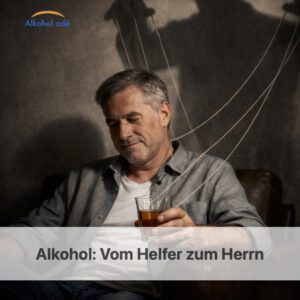 Mann sitzt lächelnd im Sessel mit einem Glas Alkohol – im Hintergrund hält ihn sein Schatten an Fäden wie eine Marionette