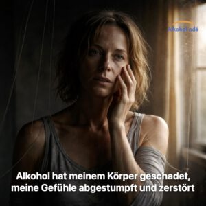 Frau im Licht-Schatten-Kontrast mit gelösten Marionettenfäden als Symbol für emotionale Abstumpfung und Erwachen nach Alkohol