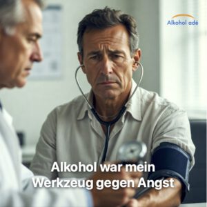 Mann mittleren Alters sitzt angespannt in einer Arztpraxis, während sein Blutdruck gemessen wird, sein Blick wirkt besorgt und innerlich unruhig.