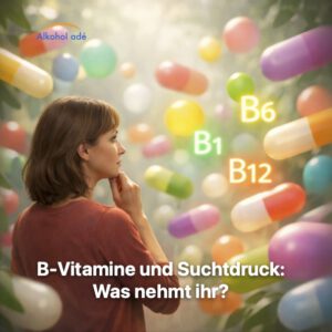 Nachdenkliche Frau blickt auf schwebende, abstrakte Vitamin-Symbole und farbige Kapsel­formen – Sinnbild für die unübersichtliche Vielfalt an B-Vitamin-Präparaten bei Suchtdruck.