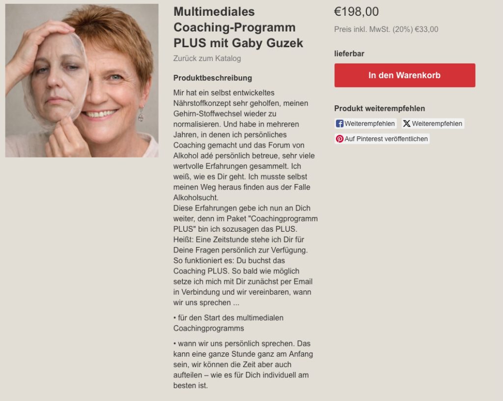 Screenshot von der Produktseite Coaching Plus mit Gaby Guzek