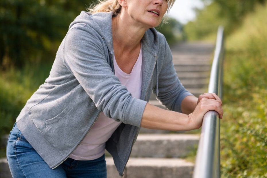 Frau steht erschöpft auf einer Treppe