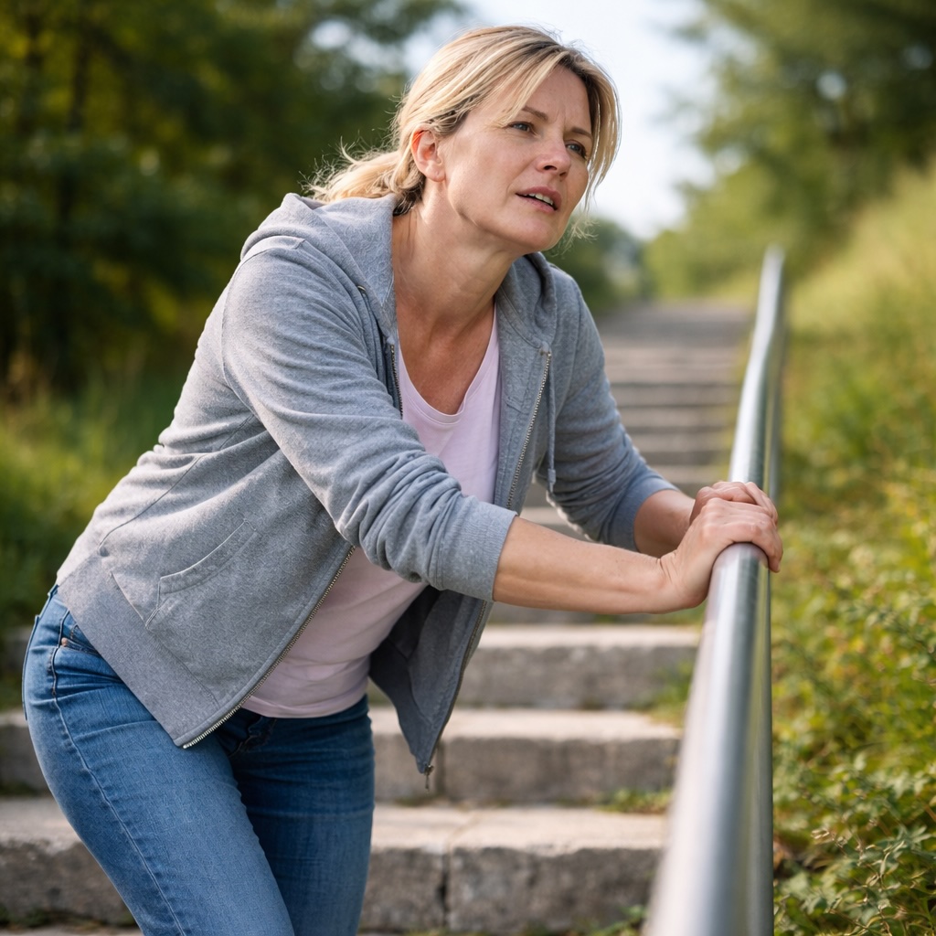 Frau steht erschöpft auf einer Treppe