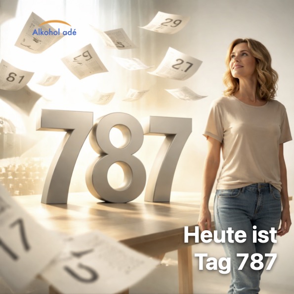 Frau nach 787 Tagen Alkoholentzug neben einer großen Zahl 787, Kalenderblätter stehen für vergangene Tage und Stabilität.