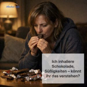 Frau sitzt am Tisch und isst Schokolade