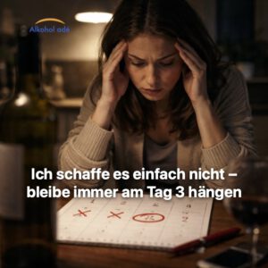 Frau kämpft am dritten Tag ihres Alkoholentzugs mit starkem innerem Druck und sitzt nachts vor einem markierten Kalender, Weinflasche unscharf im Vordergrund.