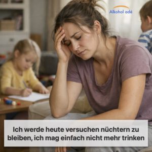 Eine müde, aber fürsorgliche Mutter Mitte 30 sitzt am frühen Abend auf einem Sofa in einem sanft beleuchteten Wohnzimmer. Sie sieht erschöpft aus, ist leicht verschwitzt, hat eine leichte Anspannung im Gesicht und eine Hand auf der Stirn.