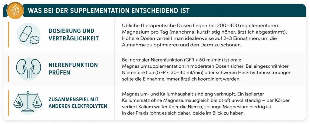 Infografik mit Empfehlungen zur Magnesiumsupplementation: Therapeutische Dosen liegen meist bei 200–400 mg elementarem Magnesium täglich. Bei eingeschränkter Nierenfunktion sollte die Einnahme ärztlich abgestimmt werden. Magnesium und Kalium sollten gemeinsam betrachtet werden, da ein Magnesiummangel den Kaliumhaushalt beeinträchtigen kann.