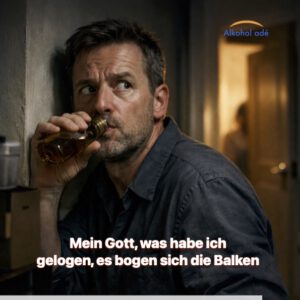 Mann trinkt heimlich Alkohol, im Hintergrund öffnet eine Frau eine Tür