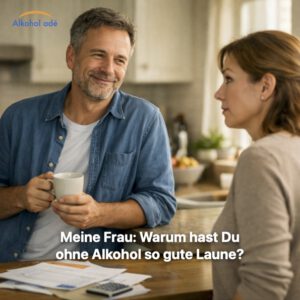 Fotorealistische, unverfälschte Szene eines Paares mittleren Alters in einer hellen Küche, natürliches Morgen- oder Spätnachmittagslicht, authentische Alltagsatmosphäre. Mann um die 50 Jahre alt, entspannte Haltung, lässig an die Küchentheke gelehnt, hält eine Kaffeetasse in der Hand, sanftes, echtes Lächeln, ruhiger Blick, offene Schultern, emotional geerdete Ausstrahlung. Frau im gleichen Alter steht ihm gegenüber, leicht überrascht, aber nicht verärgert, neugieriger Gesichtsausdruck, leicht hochgezogene Augenbrauen, milde Ungläubigkeit gemischt mit Herzlichkeit.