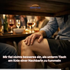 Männliche Hand liegt unter dem Tisch auf einem weiblichen Knie. Im Hintergrund auf einem Tisch Gläser mit Alkohol.