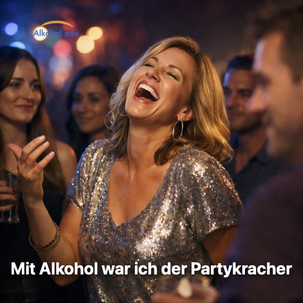 Partysetting mit unscharfen Lichtern im Hintergrund. Frau (ca. 30–50), modisch gekleidet. Sie lacht laut, Kopf leicht zurückgeworfen