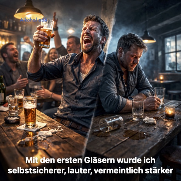 Kinoähnliches Barinterieur bei Nacht, männlicher Protagonist im Alter von 40–50 Jahren sitzt an einem rustikalen Holztisch in einer überfüllten Kneipe, dramatische geteilte Komposition, die „künstliche Selbstsicherheit“ zeigt, linke Bildseite in warmem goldenen Licht, Mann lacht laut, Brust nach vorne gestreckt, hält ein Bierglas hoch, übertrieben selbstbewusste Körpersprache, verschwommene jubelnde Menge im Hintergrund, rechte Seite in kühlerem bläulichen Licht, derselbe Mann leicht zusammengesunken, subtile Anspannung im Gesicht, angespannte Augen, angespannter Kiefer, Anzeichen innerer Zerbrechlichkeit