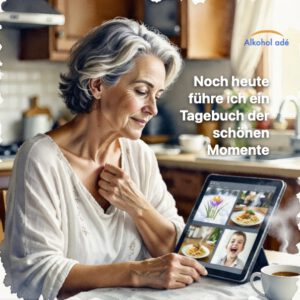 Frau um die 60 betrachtet abends auf einem Tablet Fotod und lächelt ruhig.