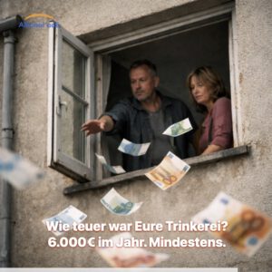 Paar steht am Fenster und wirft Geldscheine hinaus