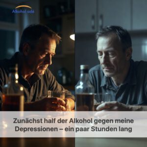 Zweiteiliges Bild eines Mannes am Küchentisch: links bei warmem Abendlicht mit einem Glas Alkohol in der Hand, rechts am Morgen bei kaltem Tageslicht mit leerem Blick und Flasche auf dem Tisch.